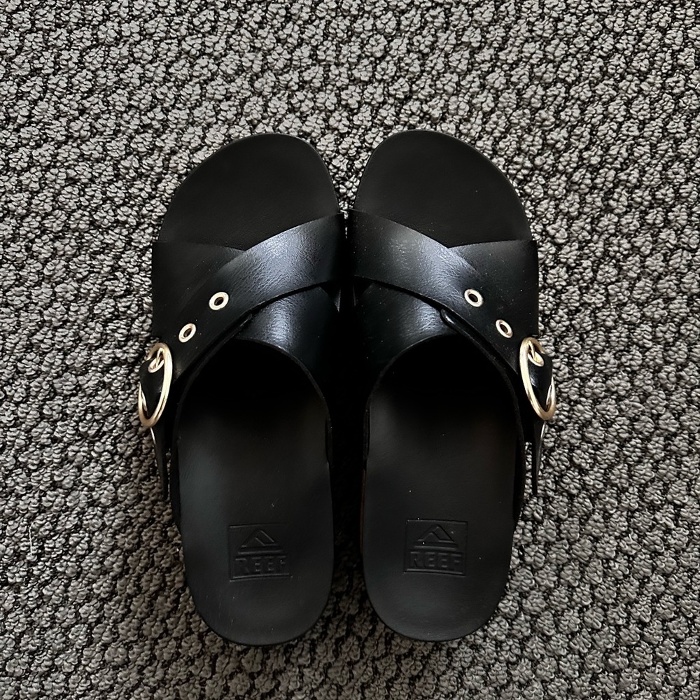 Reef Black Slide Sandals with Gold Rings